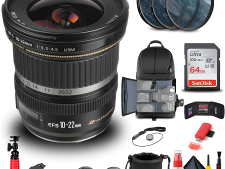 Canon EF-S 10-22mm f 3.5-4.5 USM Lens (9518A002) + Filter Kit + Backpack + 64GB Card + Lens Pouch + Card Reader + Flex Tripod + Memory Wallet + Cap Keeper + Cleaning Kit + Hand Strap + More Sale