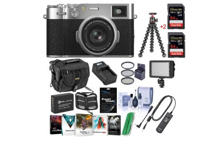 Fujifilm X100VI Digital Camera, Silver Black - Bundle Includes Camera Case + 2X 64GB SDXC Card, Fujifilm RR-100 Remote Release, Joby GorillaPod 3K Kit Black, Spare Battery, Charger, Bi-Color LED Light,Software Discount