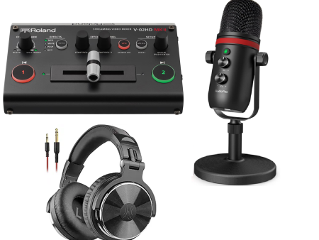 Roland V-02HD MK II Streaming Video Mixer Bundle with Professional USB Microphone, Computer Condenser Gaming Mic, Professional Wired Over Ear Studio Monitor Headphones on Sale